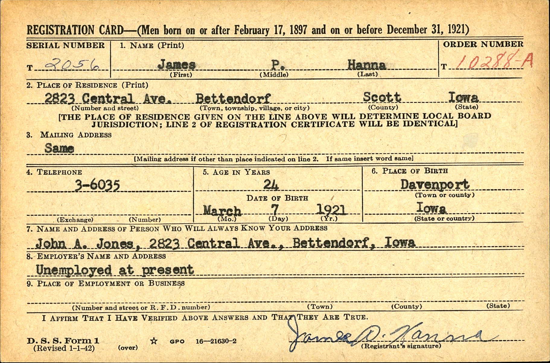James Hanna's Iowa Veterans World War II Dischage